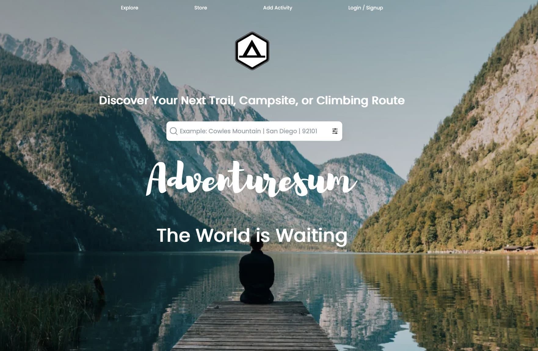 The Adventuresum homepage: a figure sitting on a dock between mountains, under the line 'Discover Your Next Trail, Campsite, or Climbing Route'