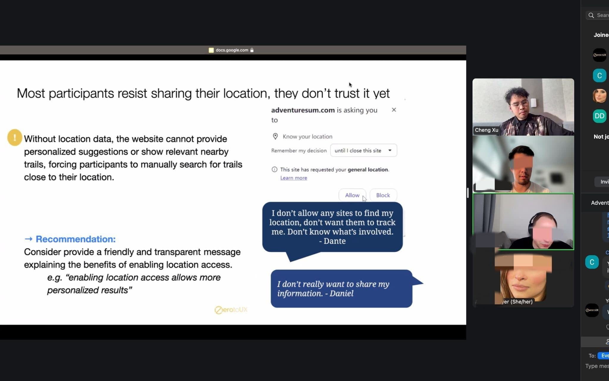 Presenting findings over Zoom: a slide on participants' resistance to sharing location, with the team on camera