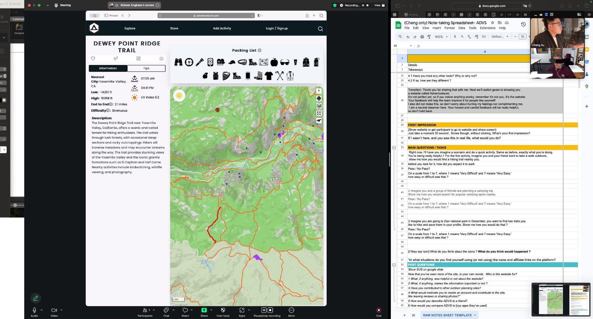 A live moderated session: the participant’s screen showing a trail page beside the note-taking spreadsheet and discussion guide