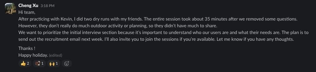Slack message sharing the refined screener and study plan for team review before recruitment