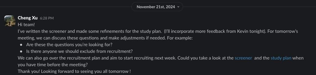 Slack message recapping the kickoff: action items for refining the study plan, sharing participant names, and fixing search