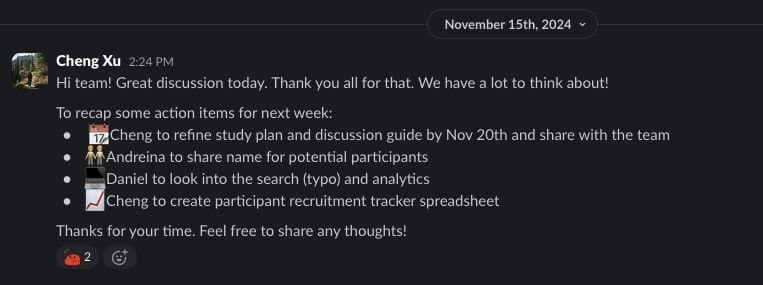 Slack message reporting two pilot dry runs: sessions cut to 35 minutes, interview section prioritized